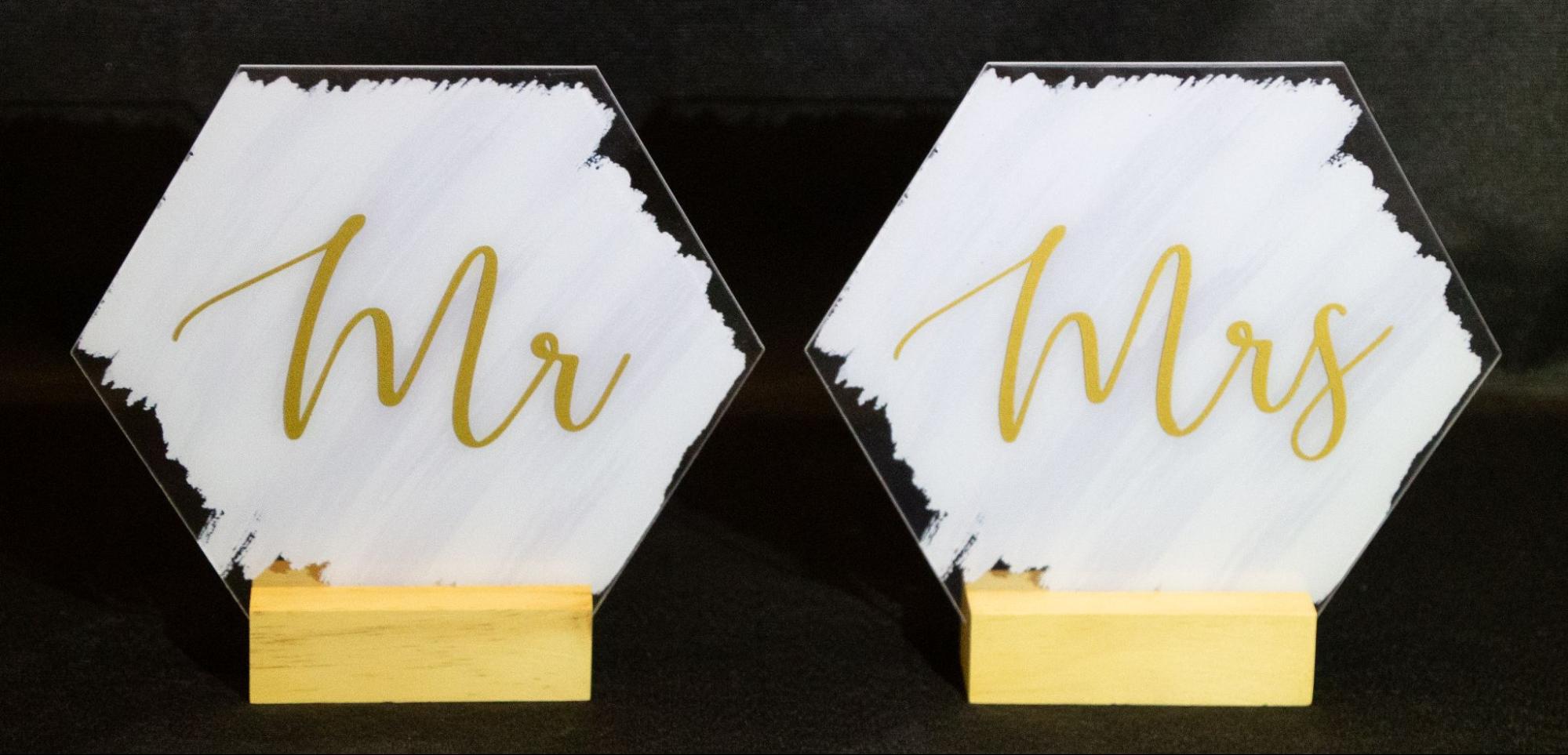 Mr & Mrs Hexagon Pair (Acrylic) from Golden Moments Rentals